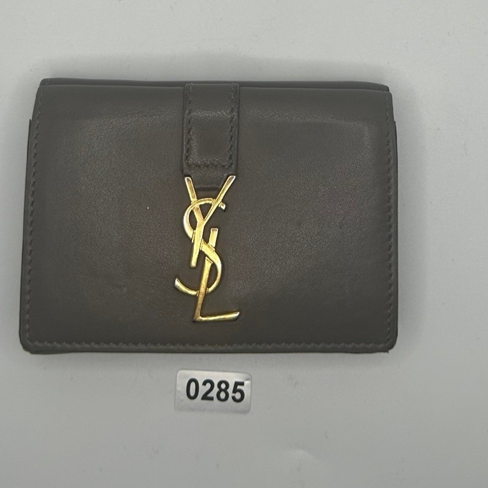 Saint Laurent Paris Tri Fold Wallet Gray Leather YSL Logo Snap Closure#285‎